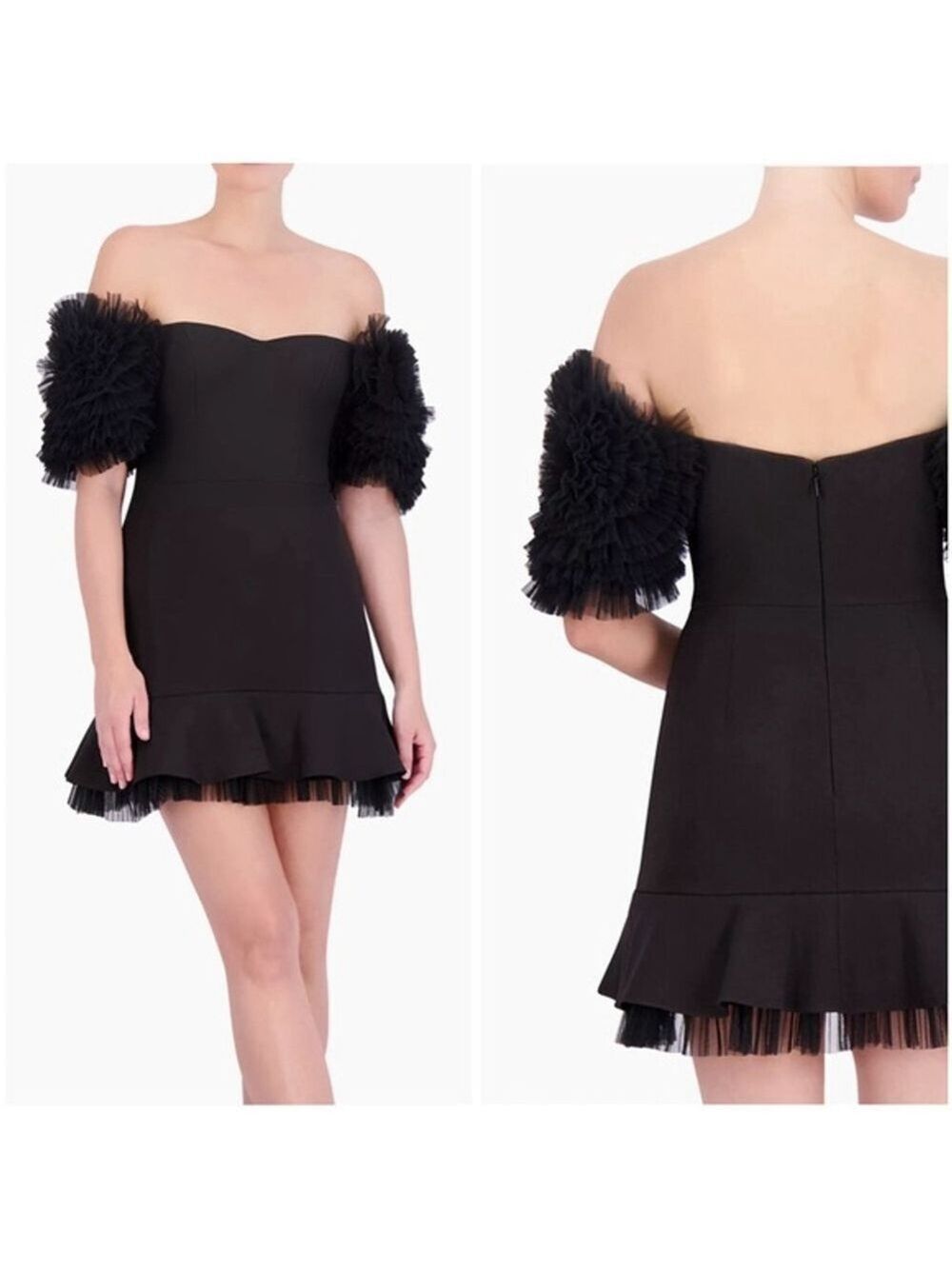 Women's BCBGMAXAZRIA Black Off-Shoulder Ruffle Mini Dress Size 6